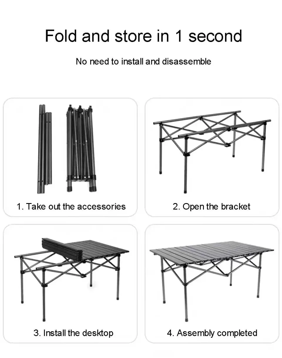 Outdoor Folding Long Table Portable Storage Black Camping Desk Barbecue Easy To Install With Net Bag Light Stable Desk Table