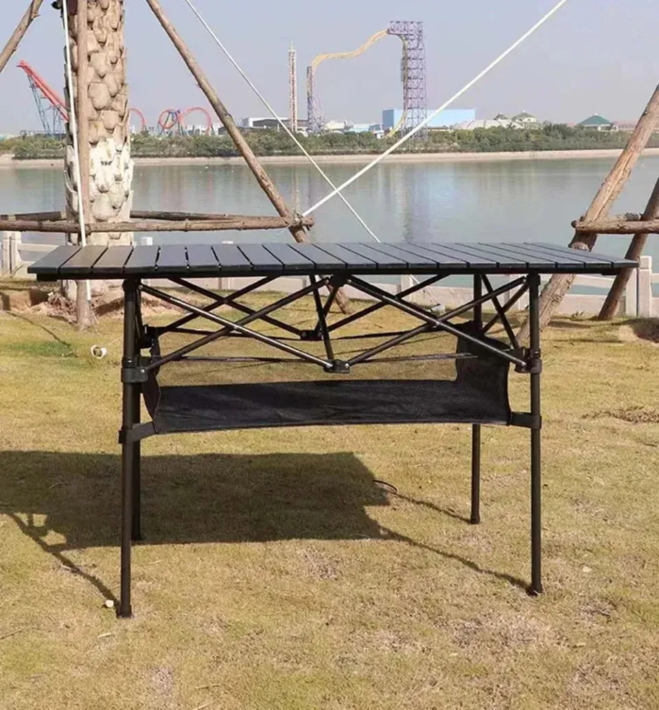 Outdoor Folding Long Table Portable Storage Black Camping Desk Barbecue Easy To Install With Net Bag Light Stable Desk Table