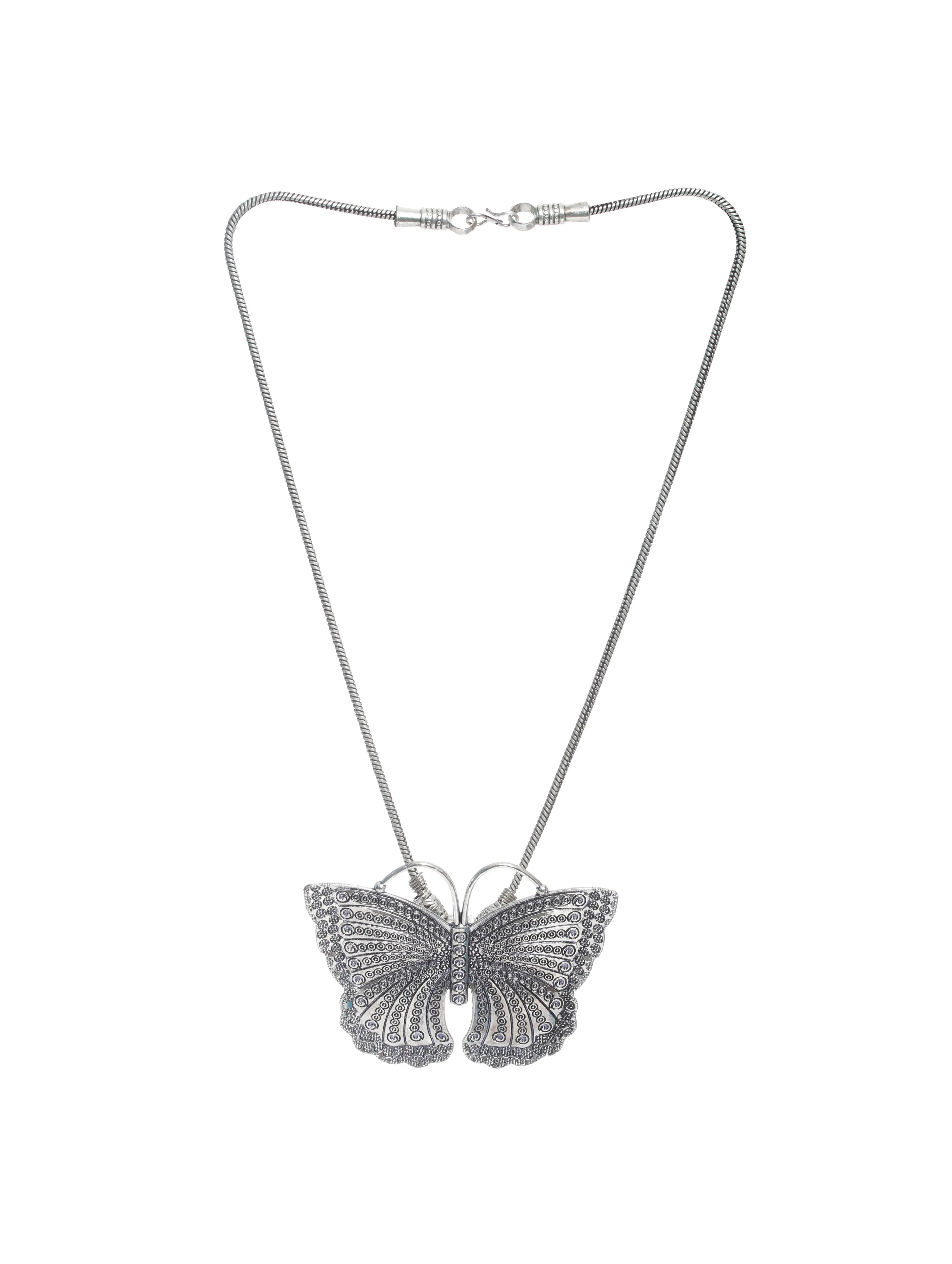 Oxidised Silver-Plated Butterfly Shaped Pendant With Chain