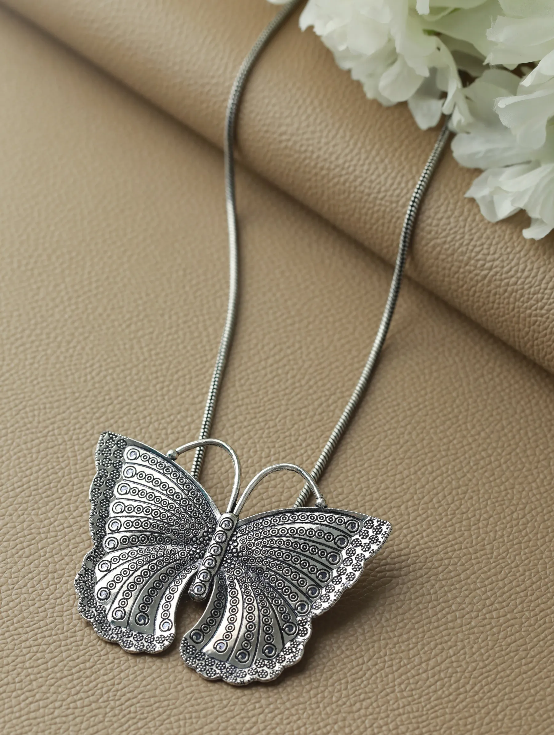 Oxidised Silver-Plated Butterfly Shaped Pendant With Chain