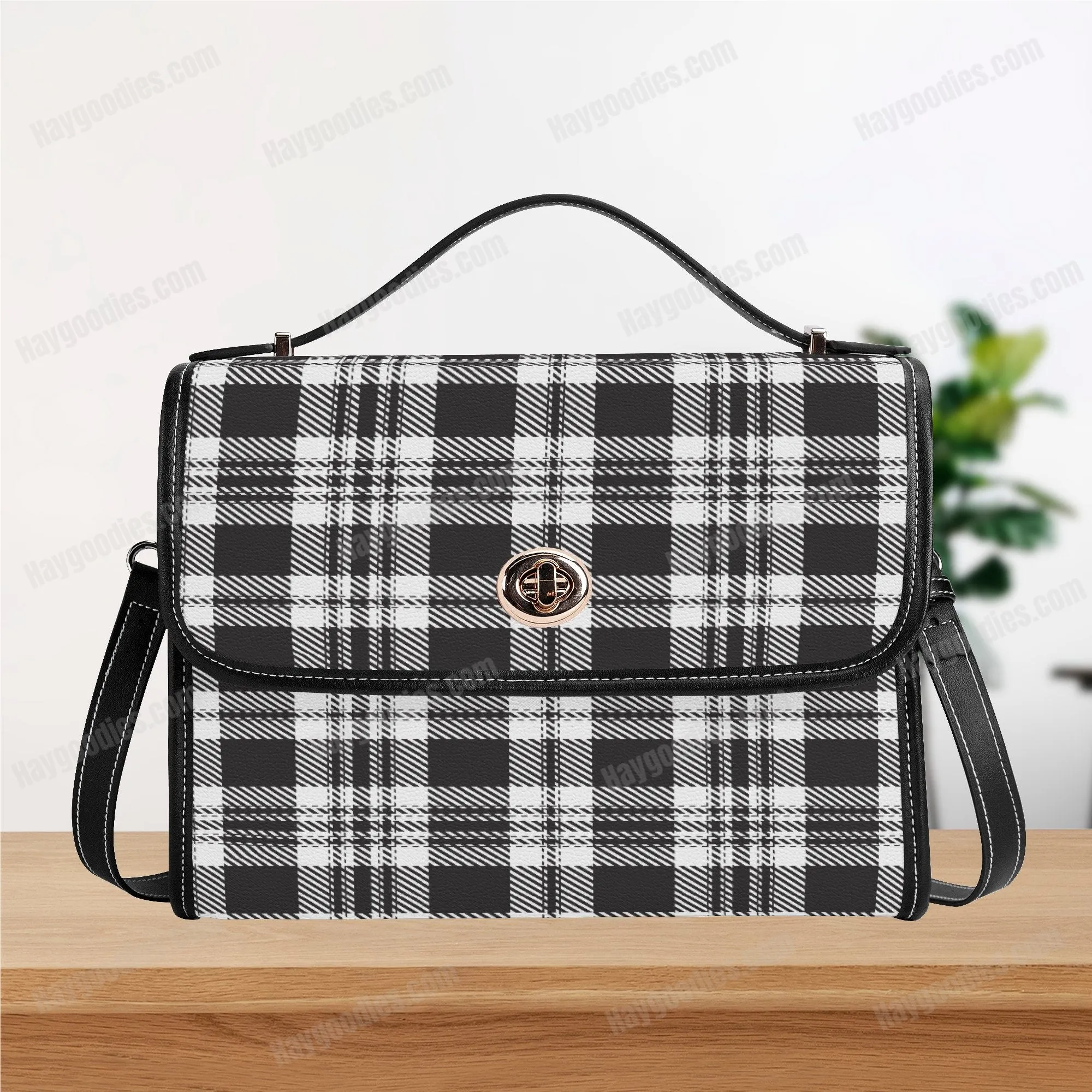 Personalize Your Own Black Plaid Pattern PU Leather Satchel Bag