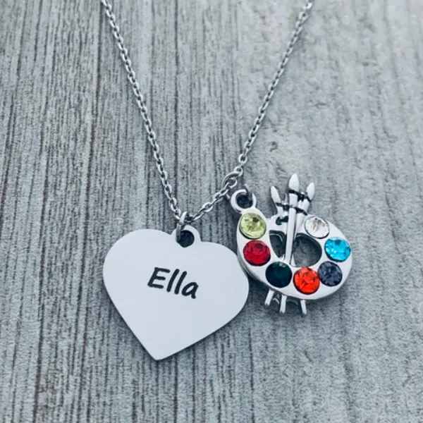 Personalized Engraved Artist Paint Palette & Paint Brush Pendant Necklace