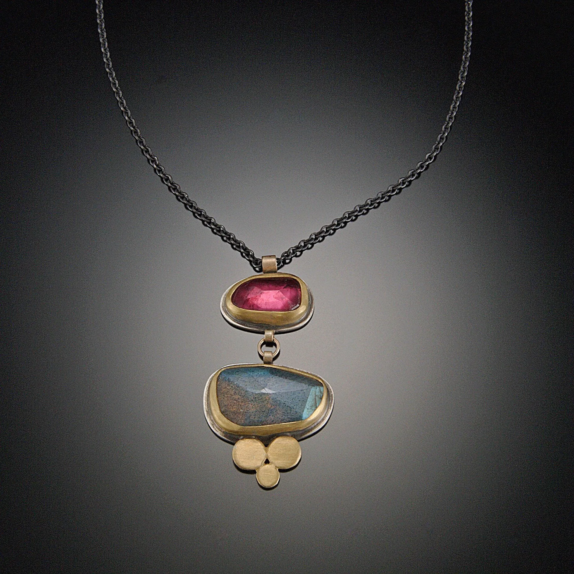 Pink Tourmaline and Labradorite Necklace with Gold Disks