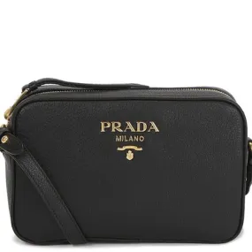 Prada Vitello Phenix Black Leather Gold Logo Camera Crossbody Bag