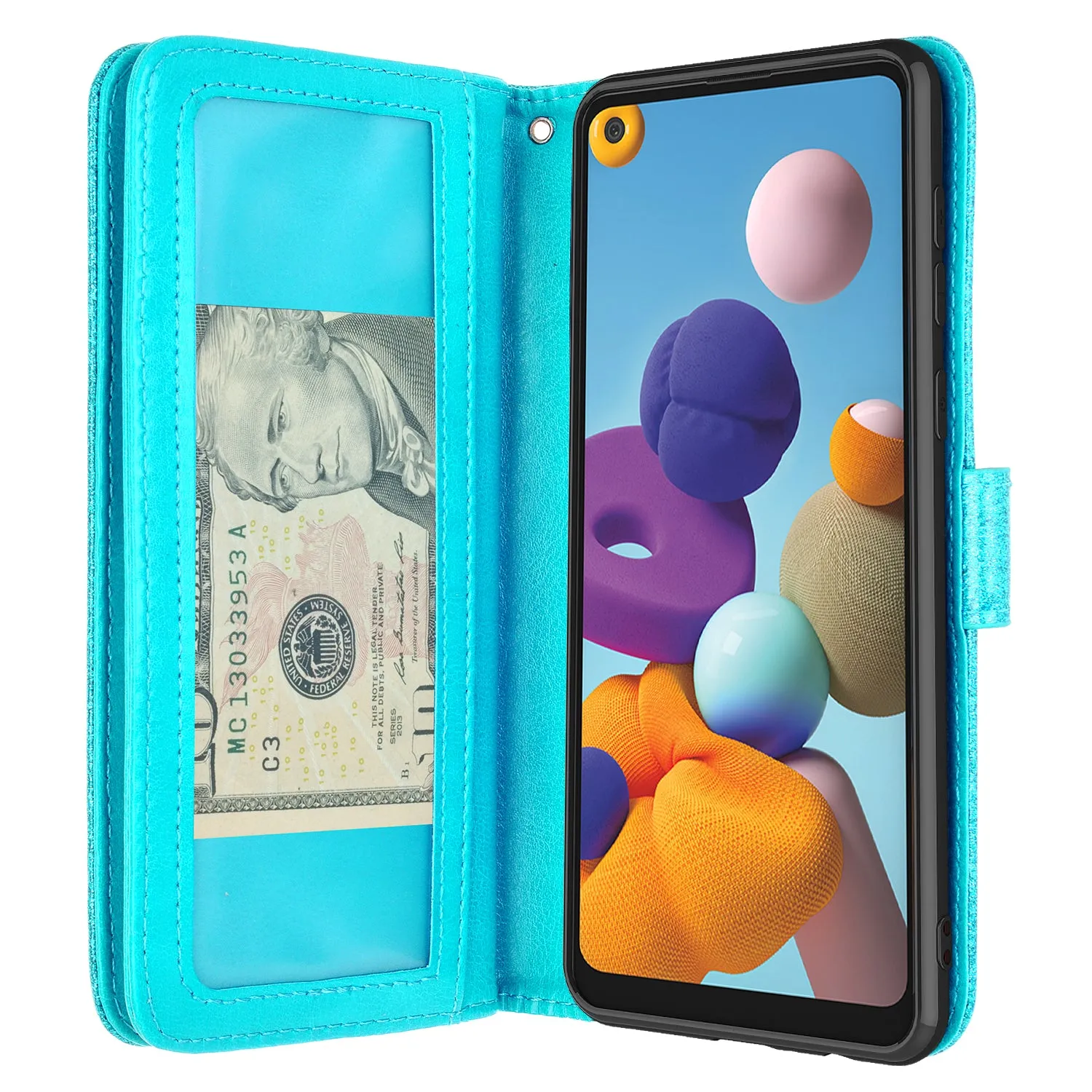 Samsung Galaxy A21 Case, Galaxy A21 Case, Glitter Faux Leather Flip Credit Card Holder Wrist Strap Shockproof Protective Wallet Case Clutch for Galaxy A21 - Teal