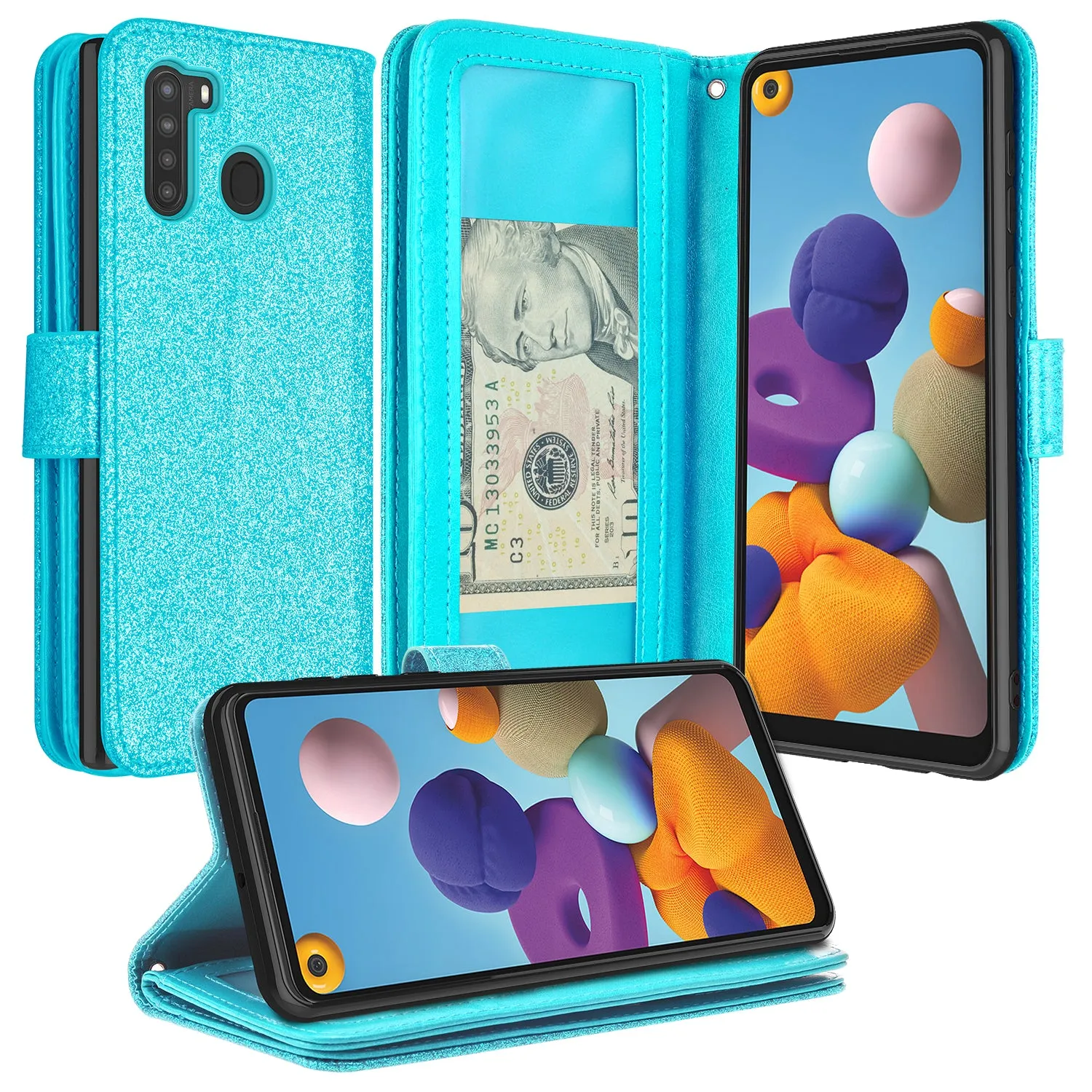 Samsung Galaxy A21 Case, Galaxy A21 Case, Glitter Faux Leather Flip Credit Card Holder Wrist Strap Shockproof Protective Wallet Case Clutch for Galaxy A21 - Teal