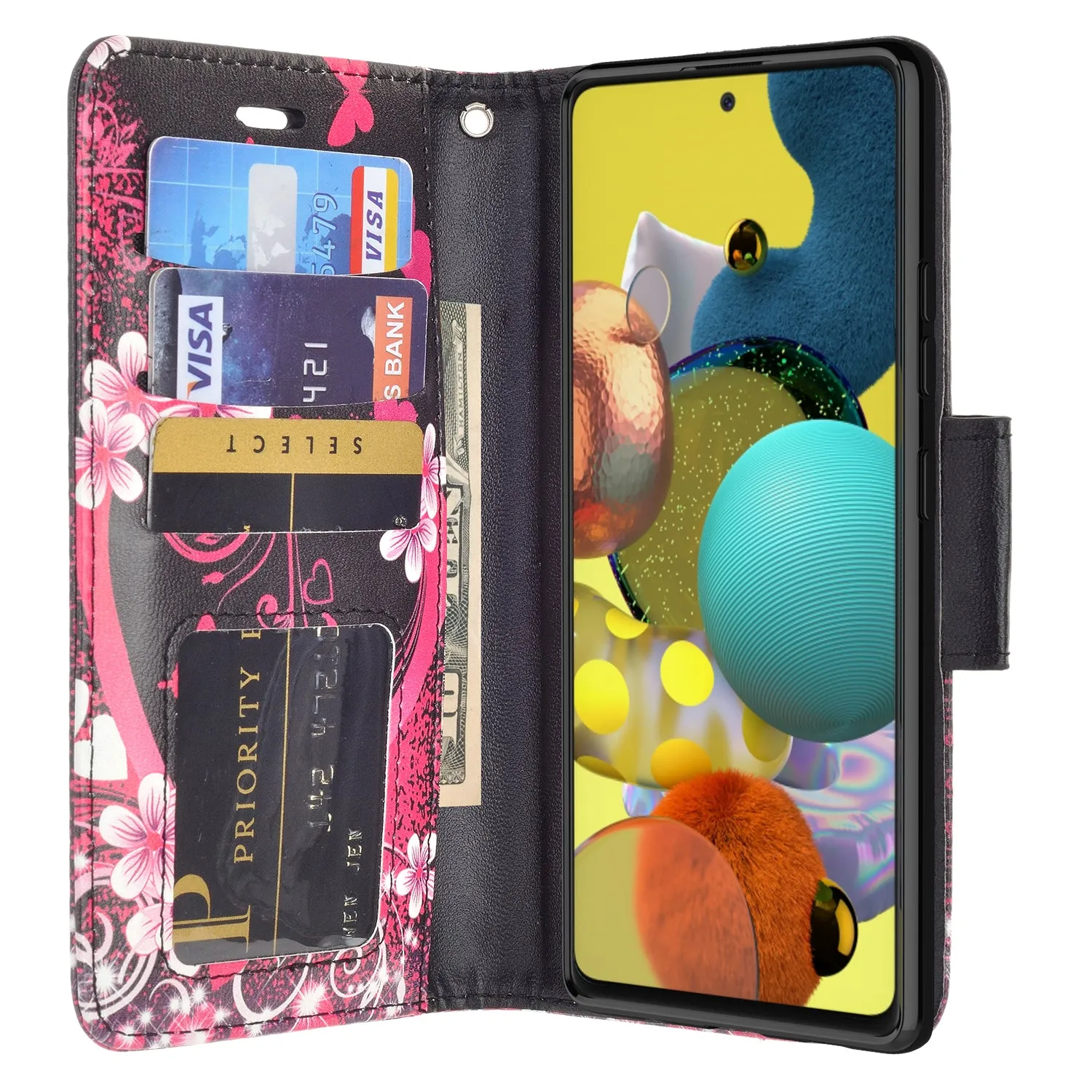 Samsung Galaxy A71 5G Case, Galaxy A71 5G Wallet Case, Wrist Strap Pu Leather Wallet Case [Kickstand] with ID & Credit Card Slots - Heart Butterfly