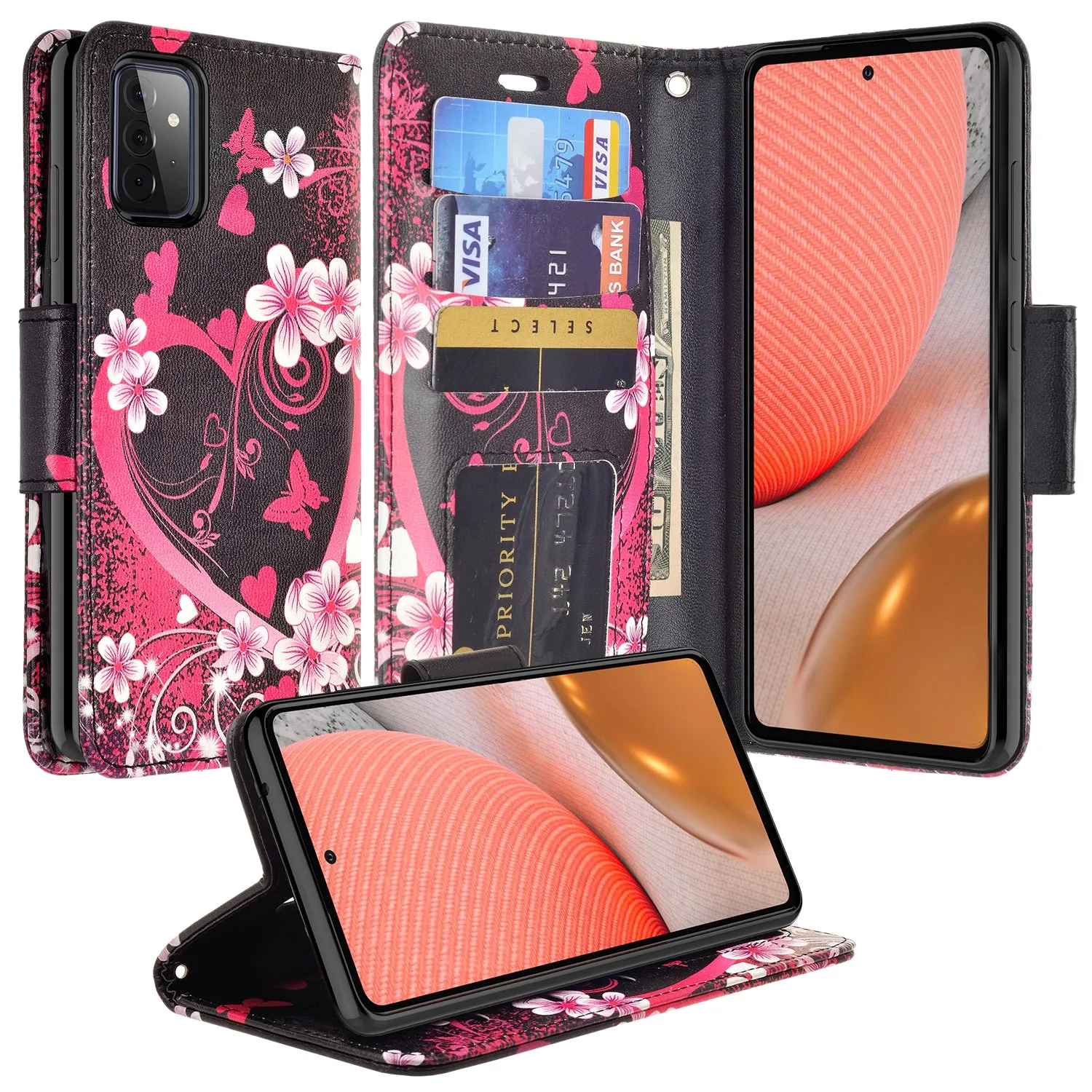 Samsung Galaxy A72 5G Case, Galaxy A72 5G Wallet Case, Wrist Strap Pu Leather Wallet Case [Kickstand] with ID & Credit Card Slots - Heart Butterflies