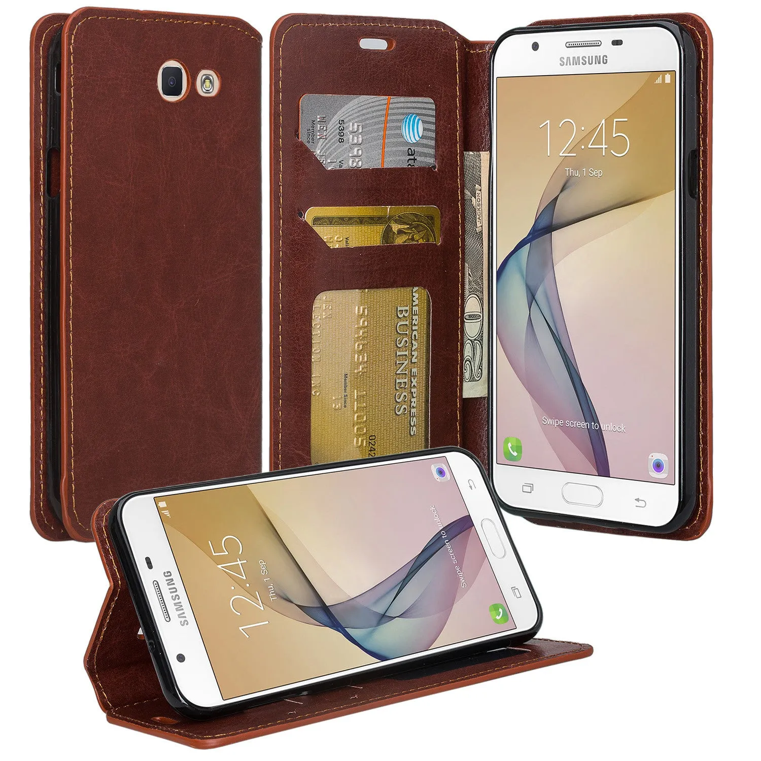 Samsung Galaxy J7 (2017) / J7 Sky Pro / J7 Perx / J7 V / J7 Prime / Galaxy Halo Case, Pu Leather Magnetic Flip[Kickstand] Wallet Cover with Card Slots - Brown