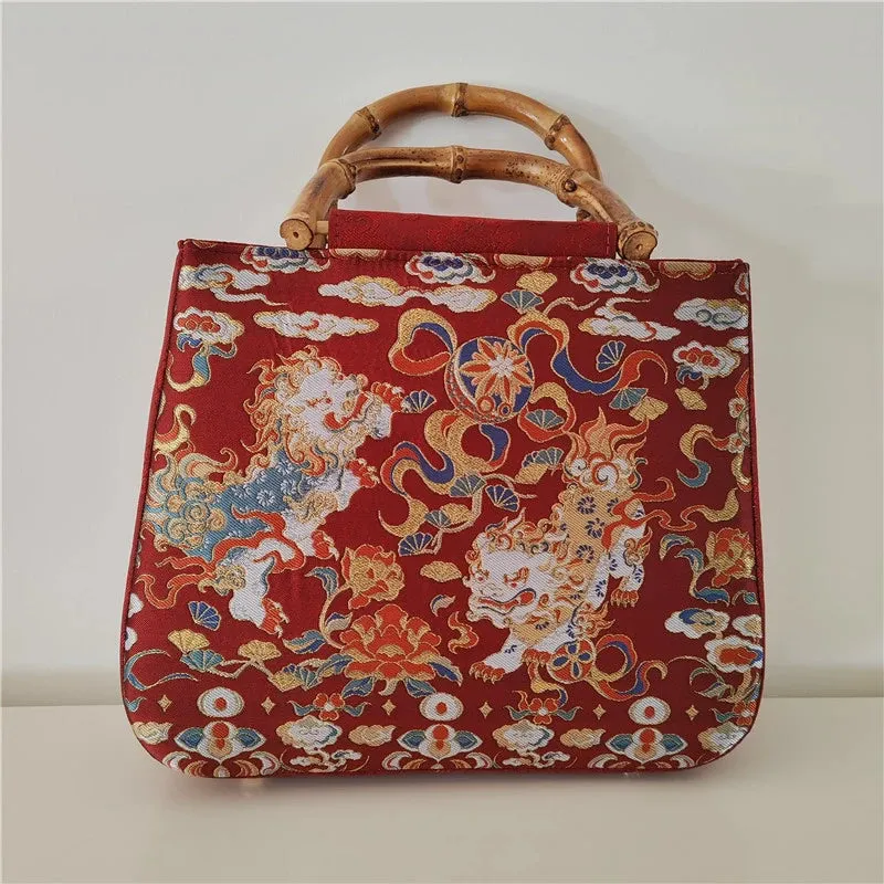 Shizi Xiqiu 狮子戏球 Playful Lions Bamboo Handle Brocade Bag