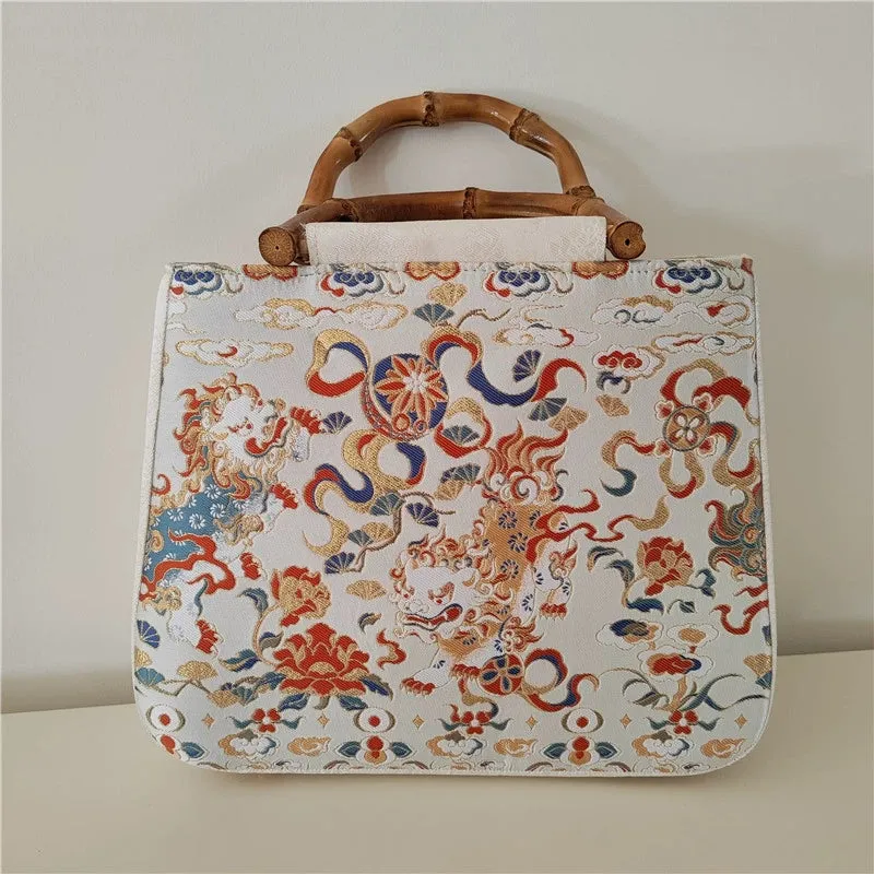 Shizi Xiqiu 狮子戏球 Playful Lions Bamboo Handle Brocade Bag