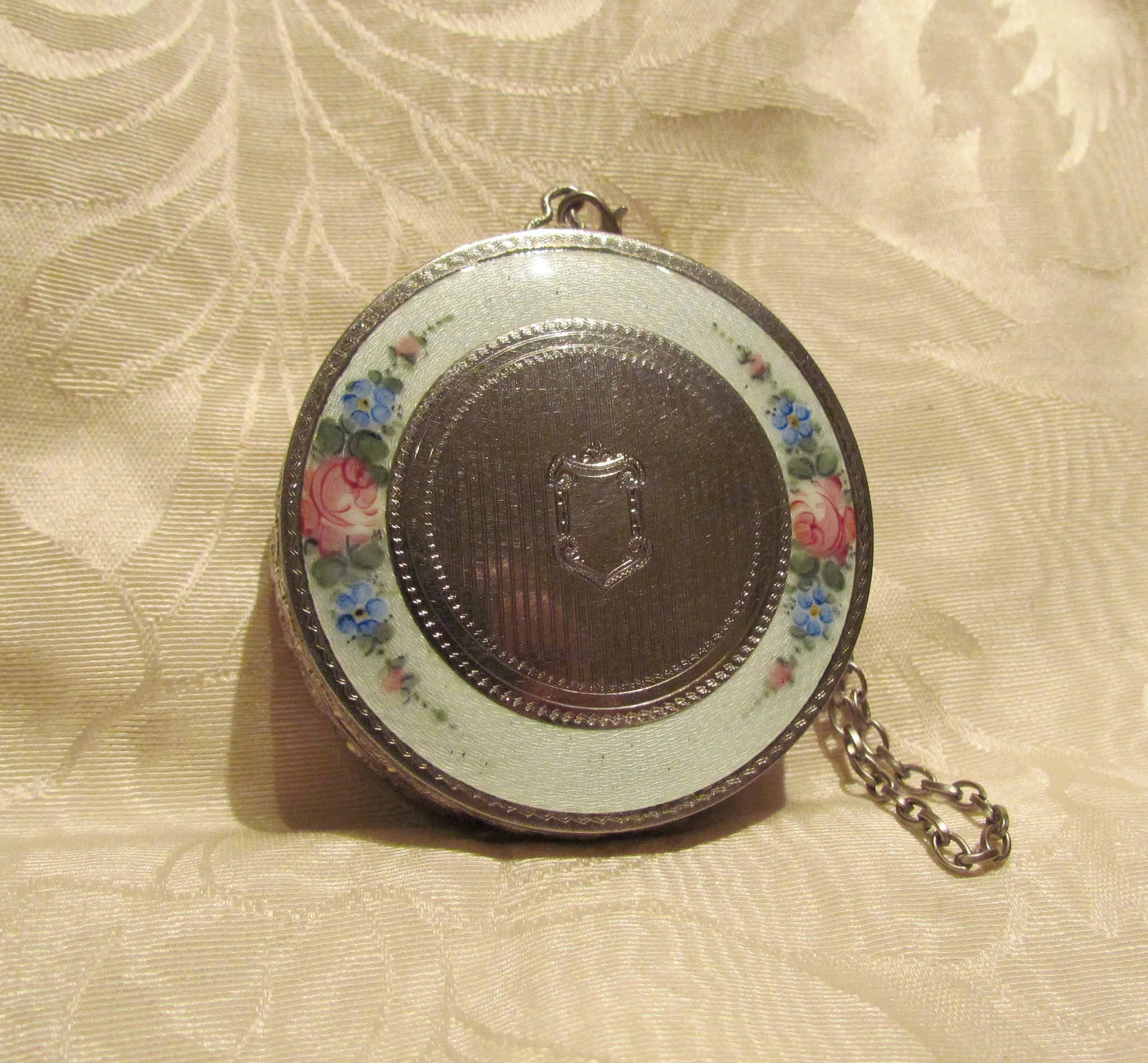 Silver Victorian Compact Purse Guilloche Wristlet Makeup Compact Dance Purse