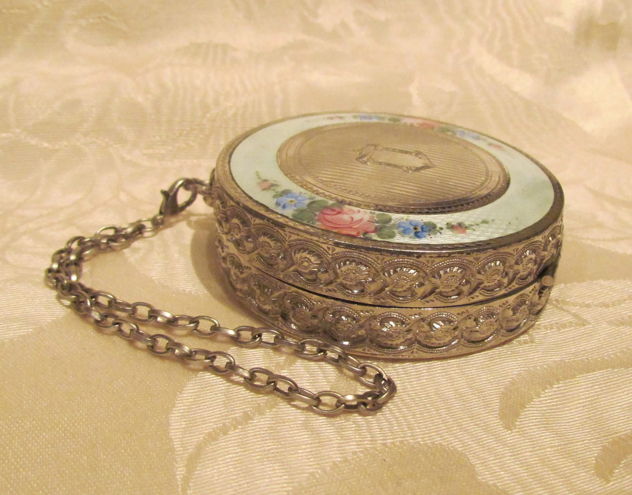 Silver Victorian Compact Purse Guilloche Wristlet Makeup Compact Dance Purse