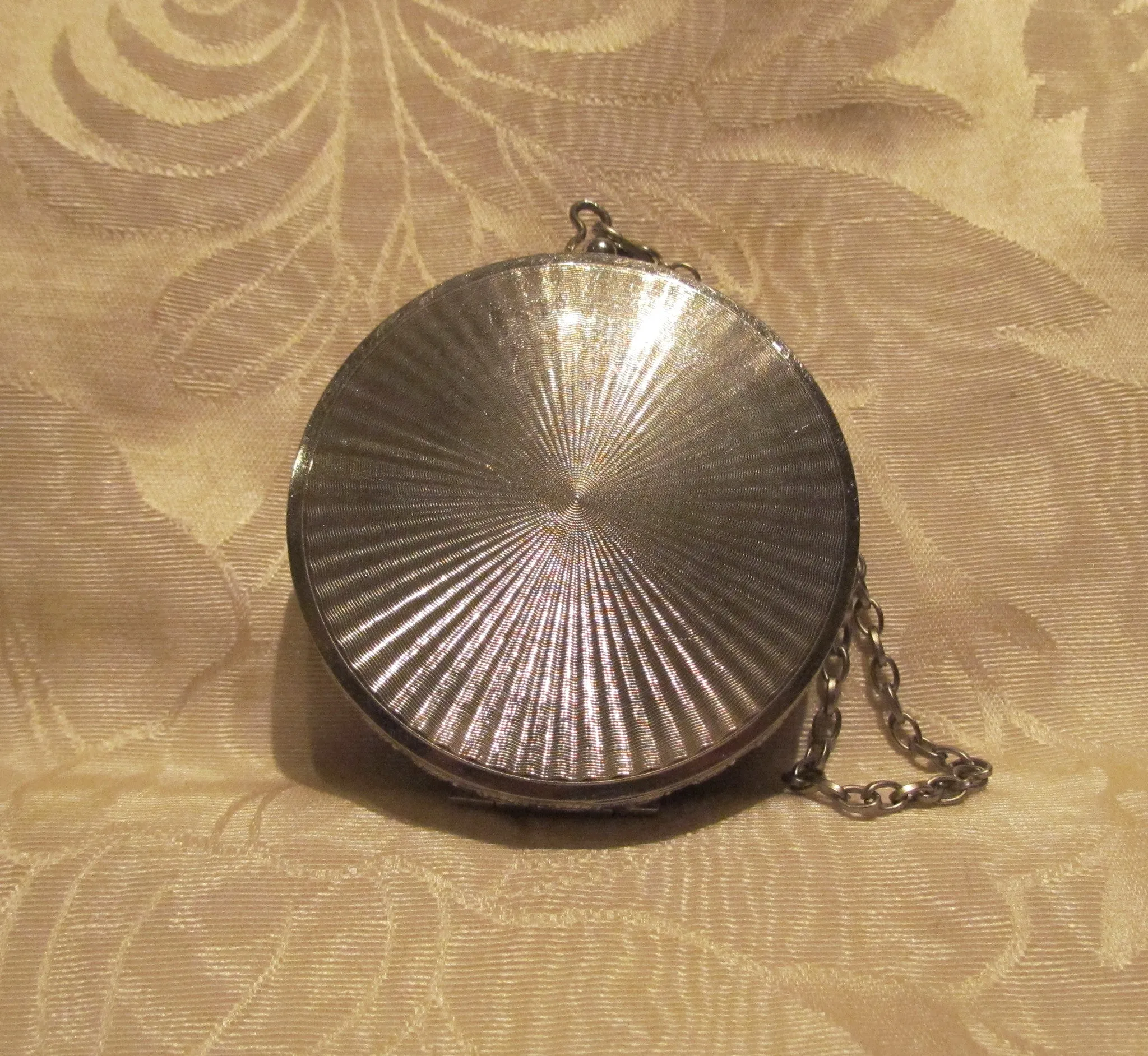 Silver Victorian Compact Purse Guilloche Wristlet Makeup Compact Dance Purse