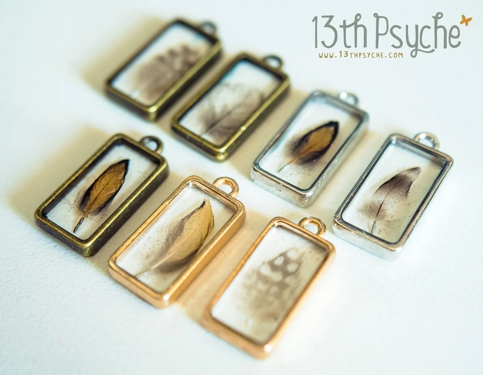 Square shaped resin pendant with real tiny feather necklace