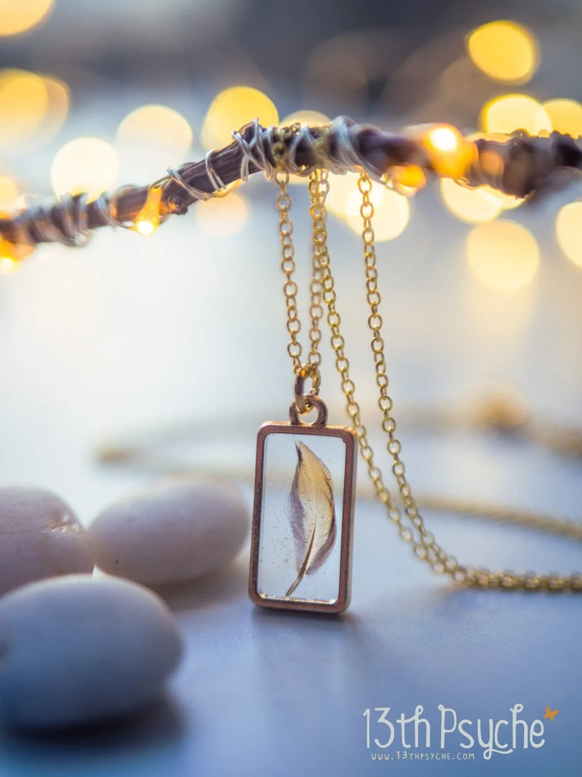 Square shaped resin pendant with real tiny feather necklace