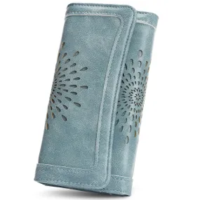 SunFlower Wallet For Women RFID Blocking Slim Minimalist Ladies Long Clutch Purse Credit Card Holder Slots with Zipper Pocket-Blue