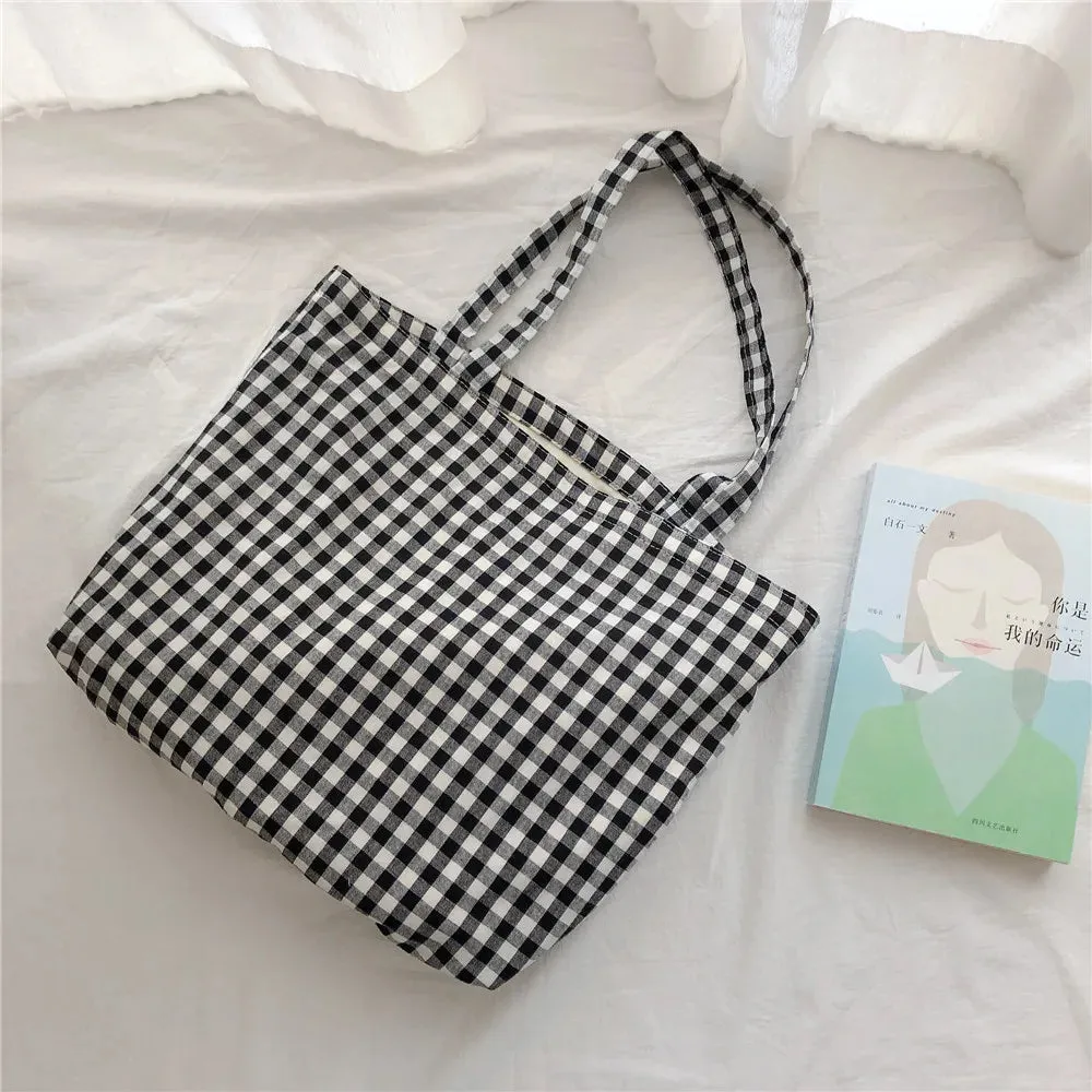 TAVIMART  -  Fashion Cotton Plaid Shoulder Bag Daily Environmental Durable Cloth Reusable Shopping Tote Women Travel Handbag