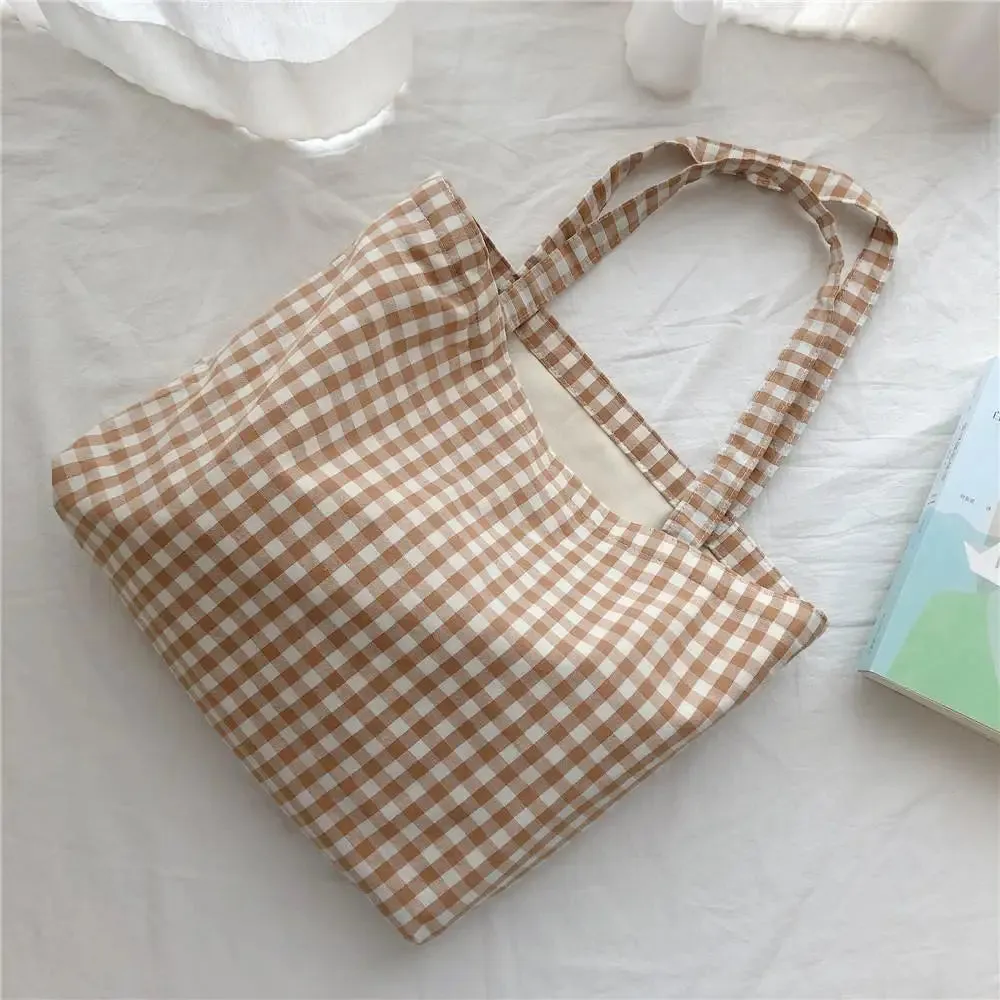 TAVIMART  -  Fashion Cotton Plaid Shoulder Bag Daily Environmental Durable Cloth Reusable Shopping Tote Women Travel Handbag