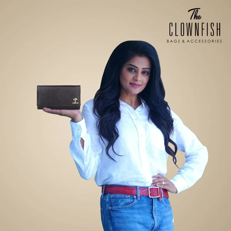 THE CLOWNFISH Elsa Collection Genuine Leather Tri-Fold Womens Wallet Clutch Ladies Purse with Multiple Card Slots & ID Card Windows (Dark Pink)