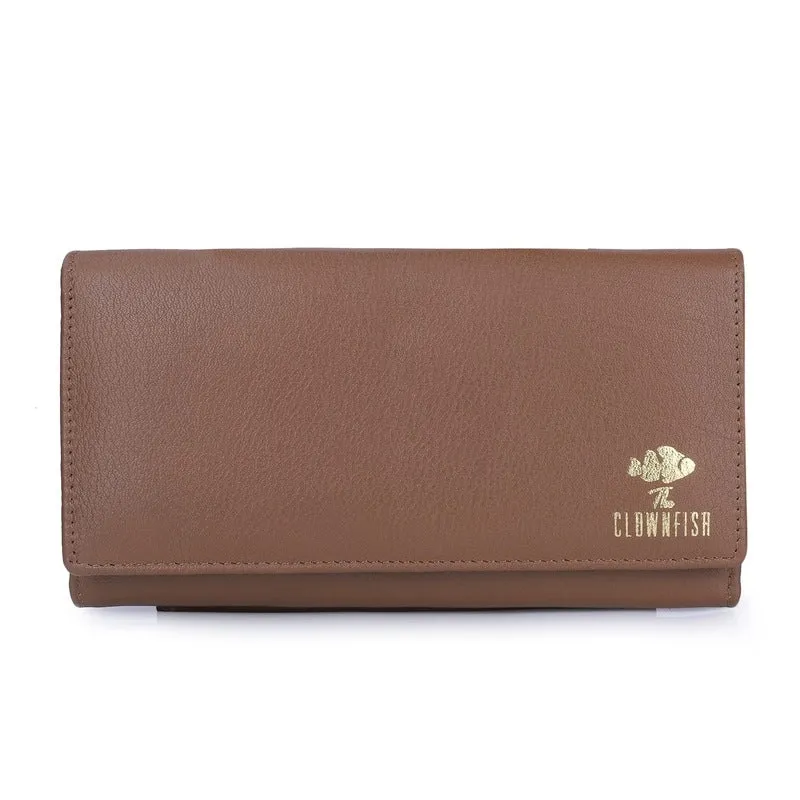 THE CLOWNFISH Elsa Collection Genuine Leather Tri-Fold Womens Wallet Clutch Ladies Purse with Multiple Card Slots & ID Card Windows (Khaki)