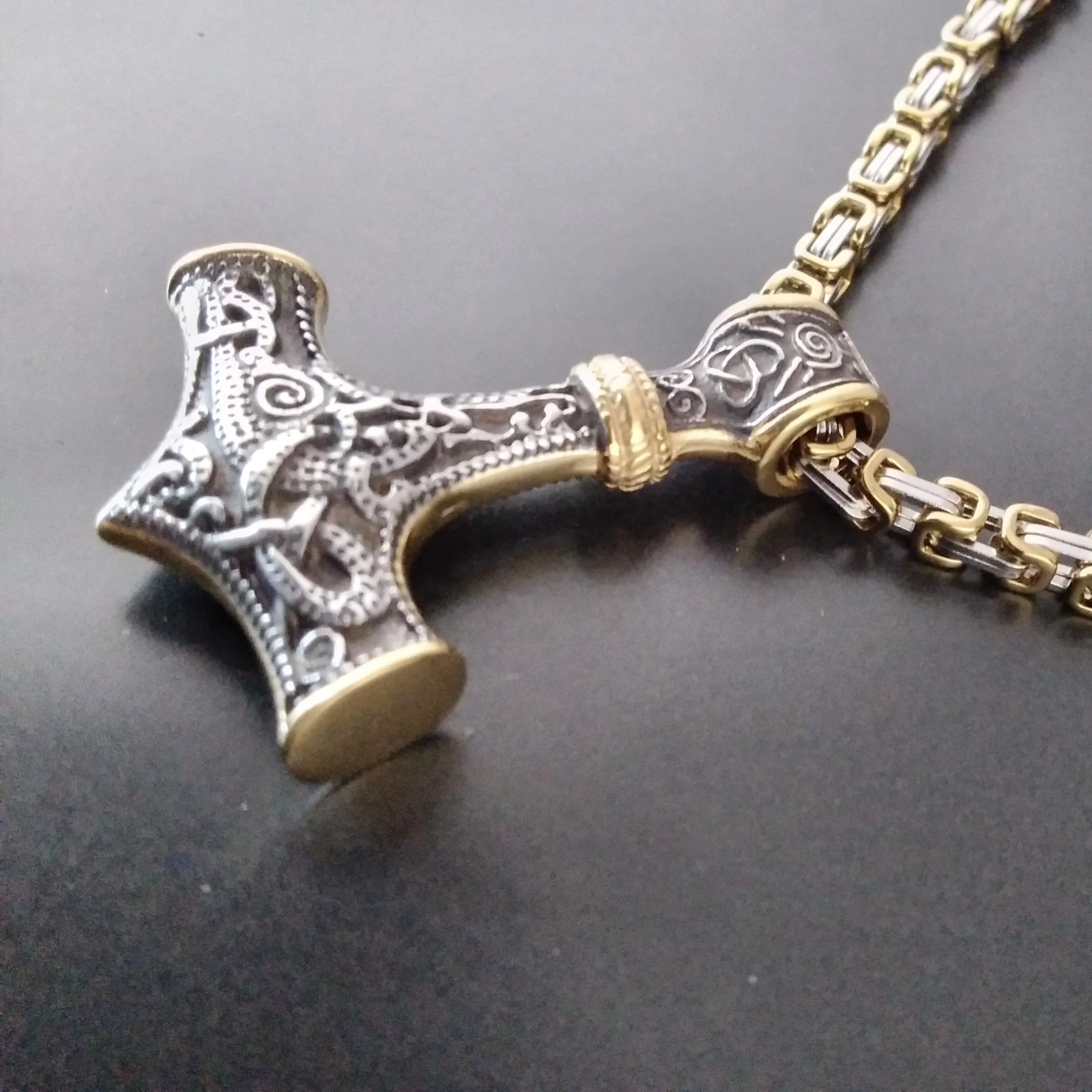 Thor's Hammer Necklace Gold Silver Byzantine Chain Norse Viking Style | MTM