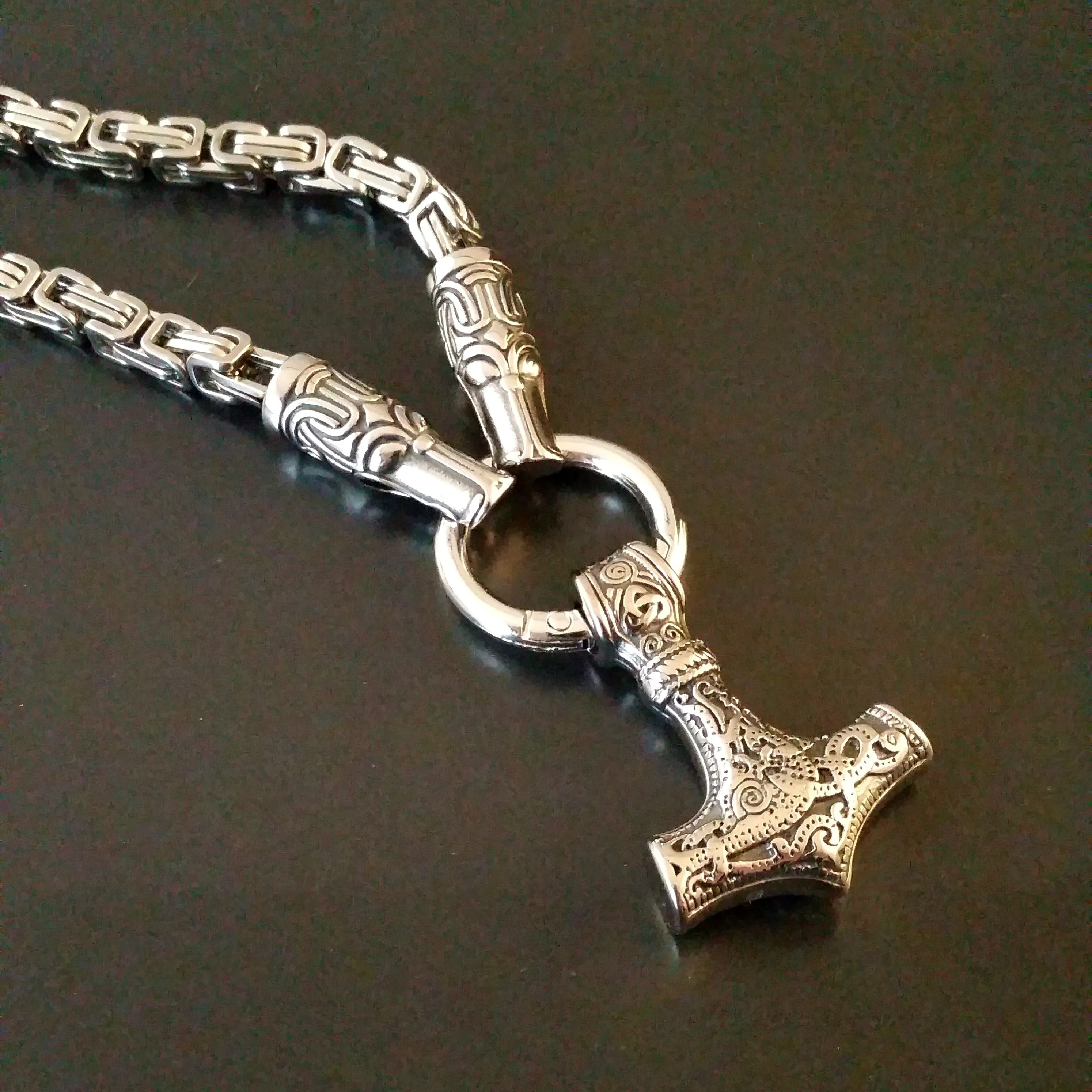 Thor's Hammer Necklace Silver Wolf Byzantine Chain Norse Viking Style