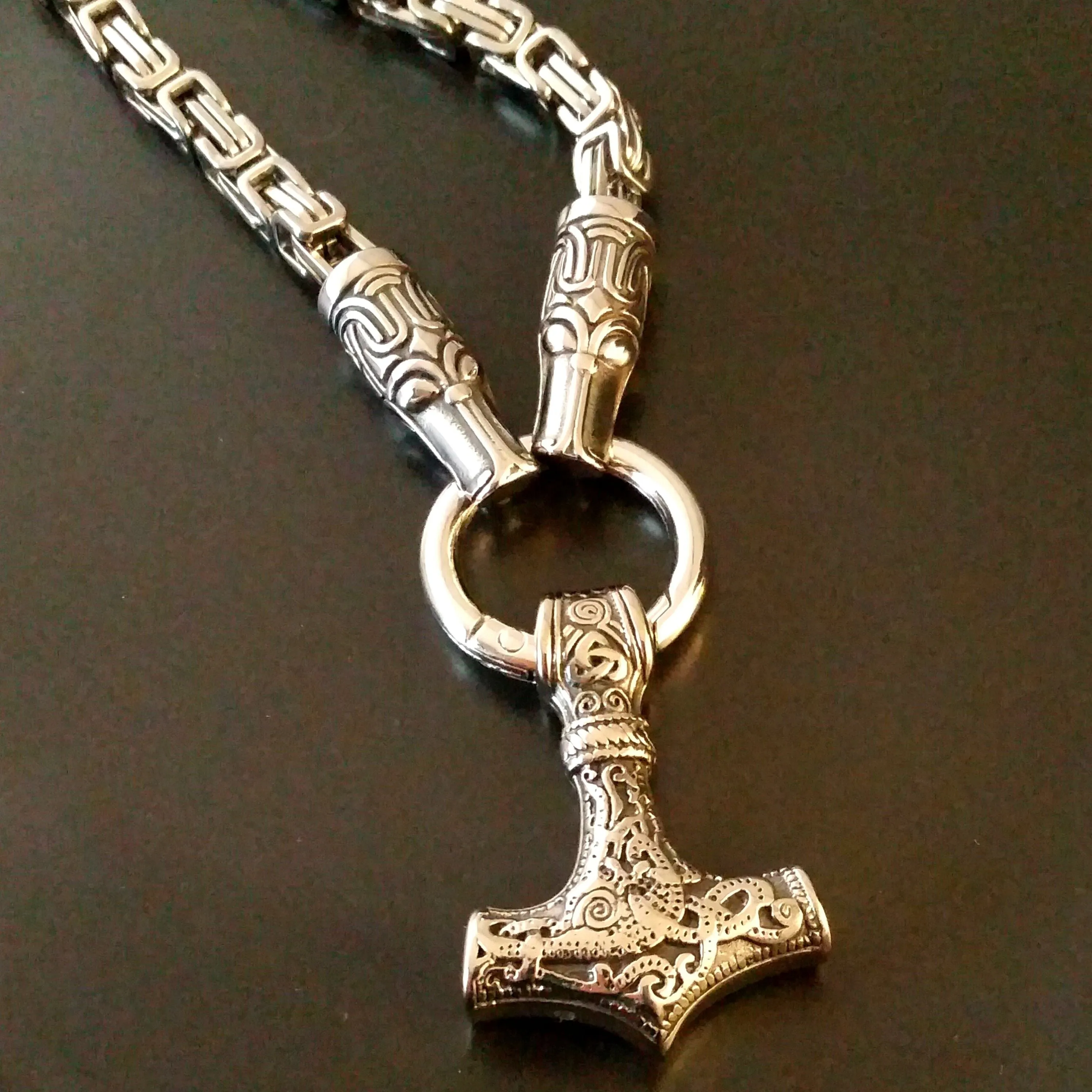 Thor's Hammer Necklace Silver Wolf Byzantine Chain Norse Viking Style