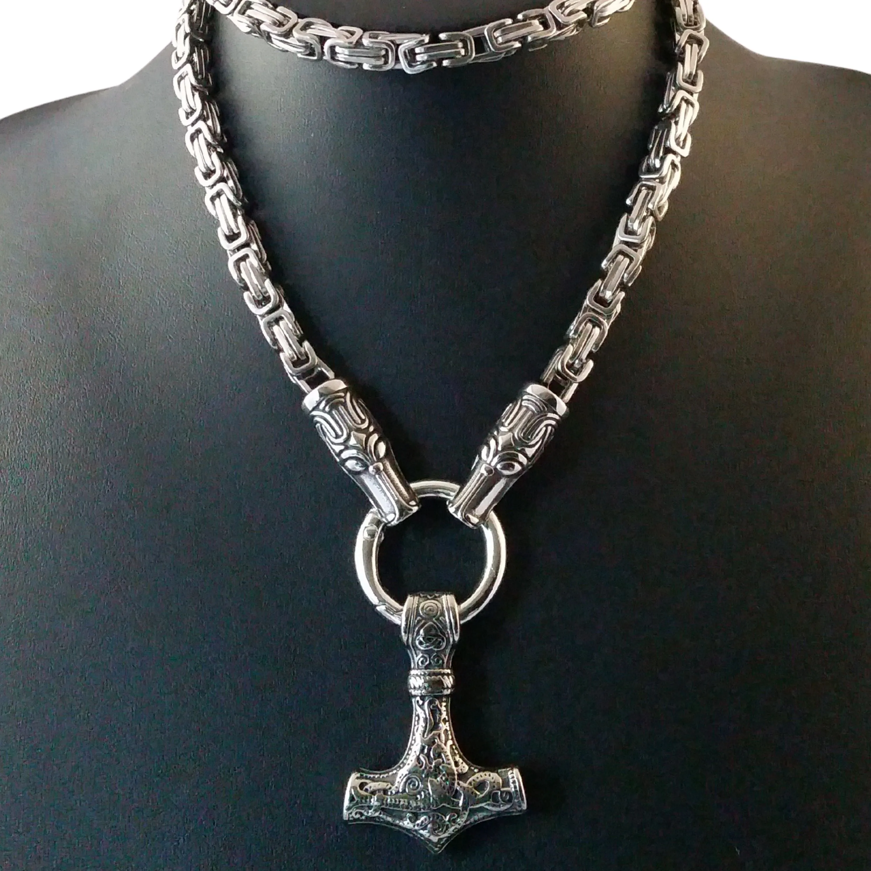 Thor's Hammer Necklace Silver Wolf Byzantine Chain Norse Viking Style