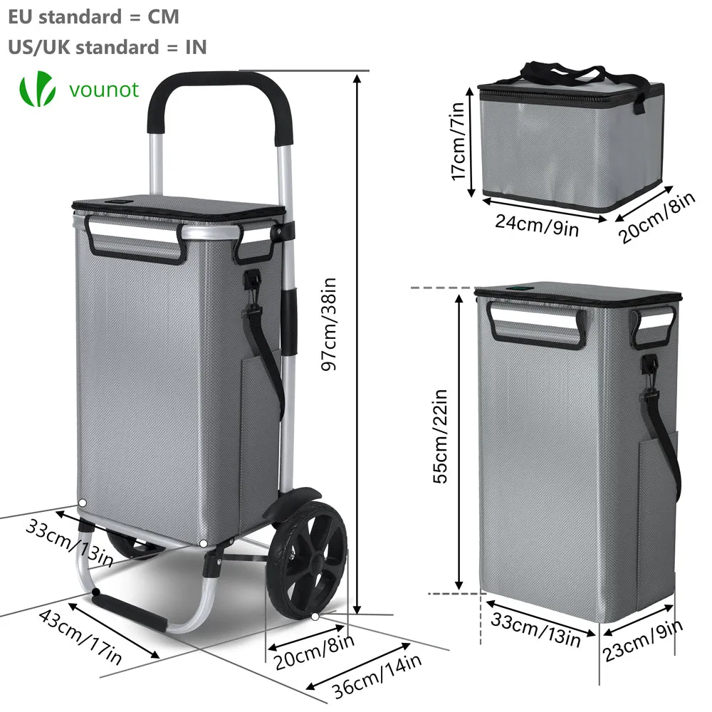 VOUNOT Folding Shopping Trolley with Cool Bag, 2 Mudguard wheels 57L Grey