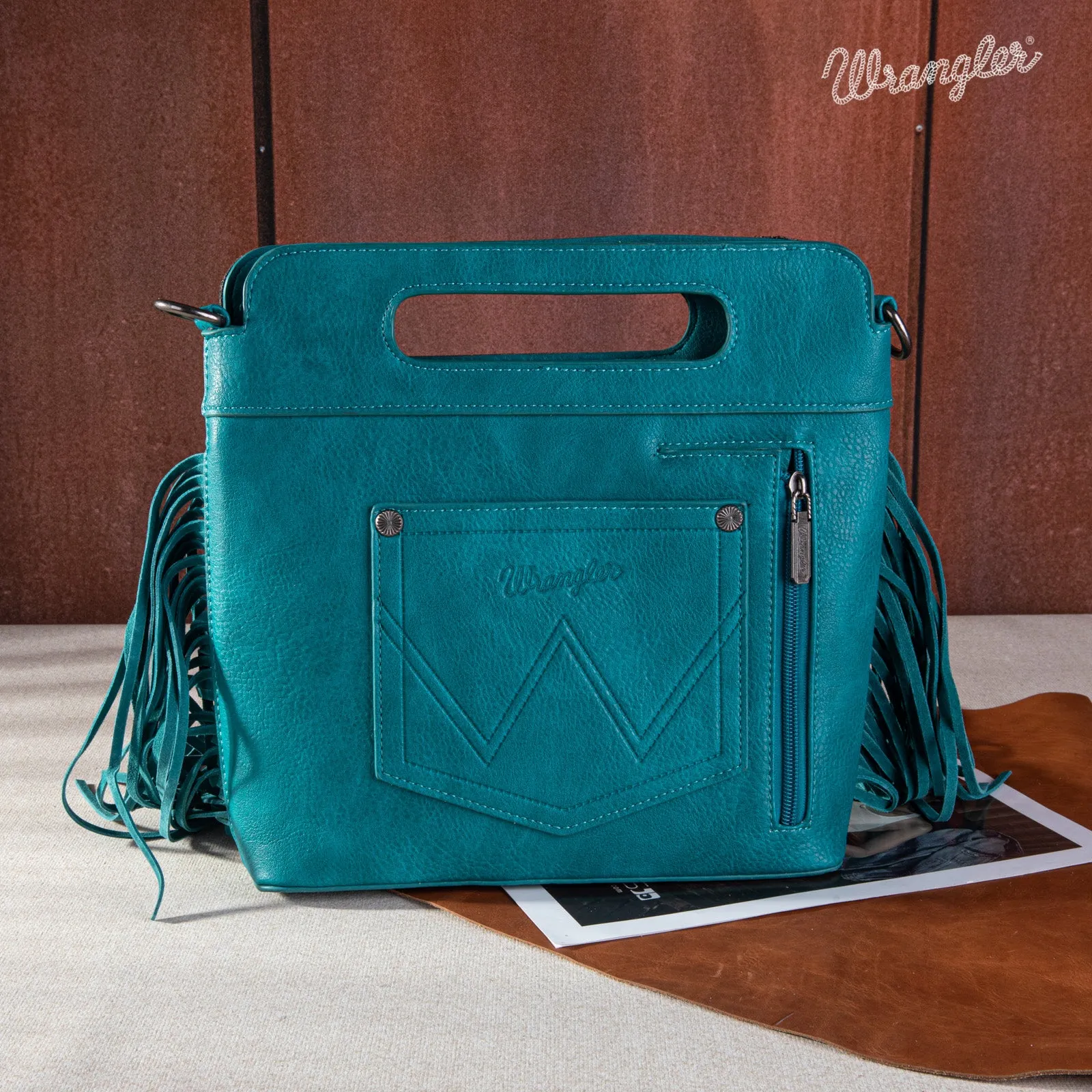 WG110-G2010  Wrangler Top Handle Embroidered Fringe Tote/Crossbody - Turquoise