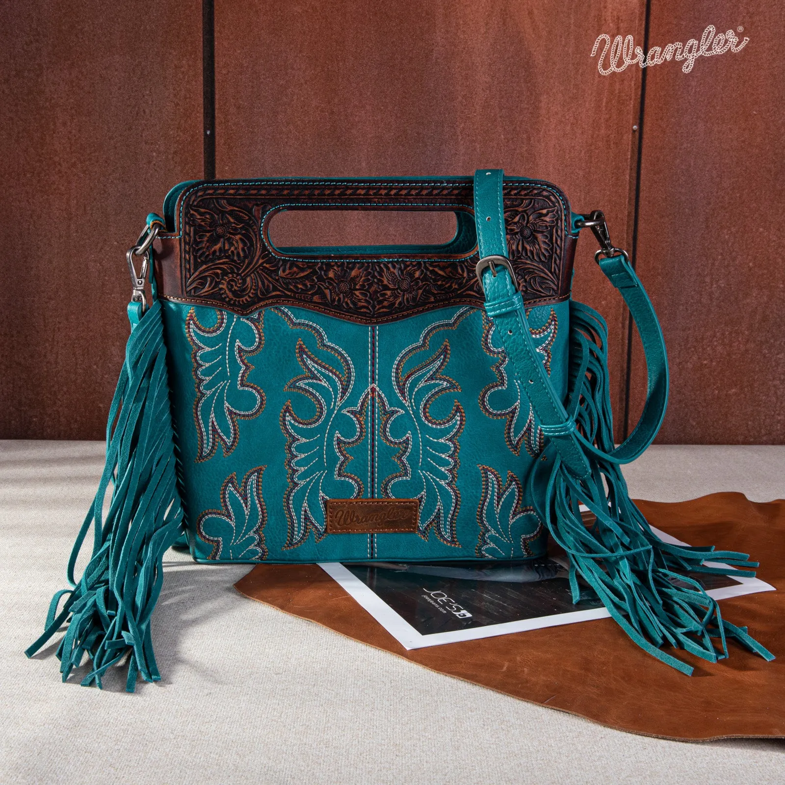 WG110-G2010  Wrangler Top Handle Embroidered Fringe Tote/Crossbody - Turquoise