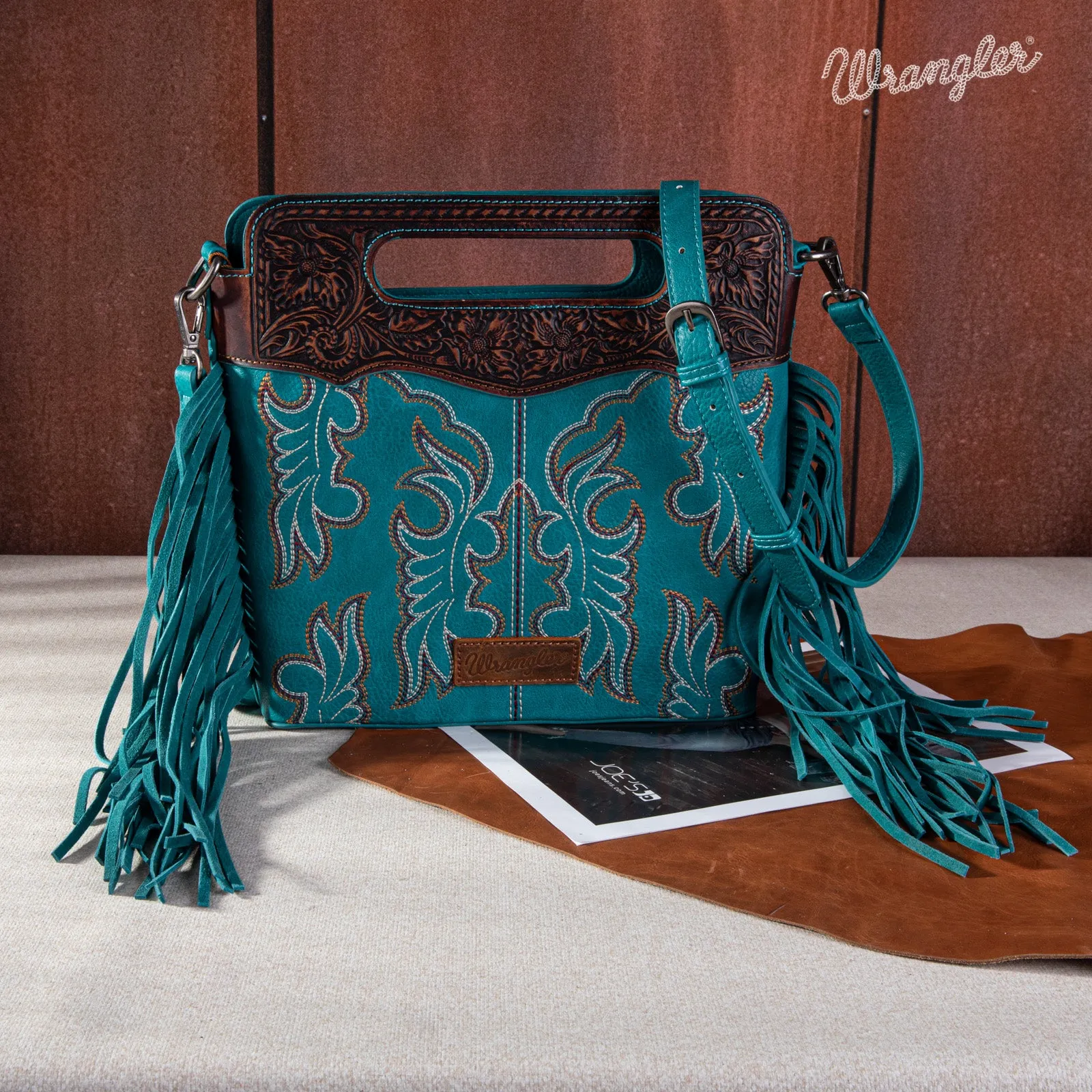 WG110-G2010  Wrangler Top Handle Embroidered Fringe Tote/Crossbody - Turquoise