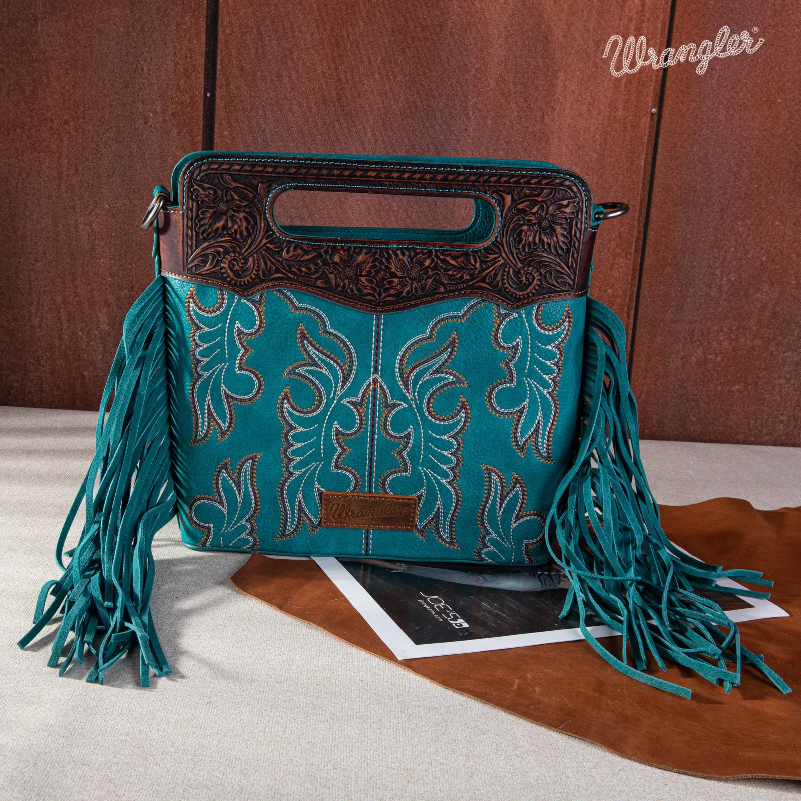 WG110-G2010  Wrangler Top Handle Embroidered Fringe Tote/Crossbody - Turquoise