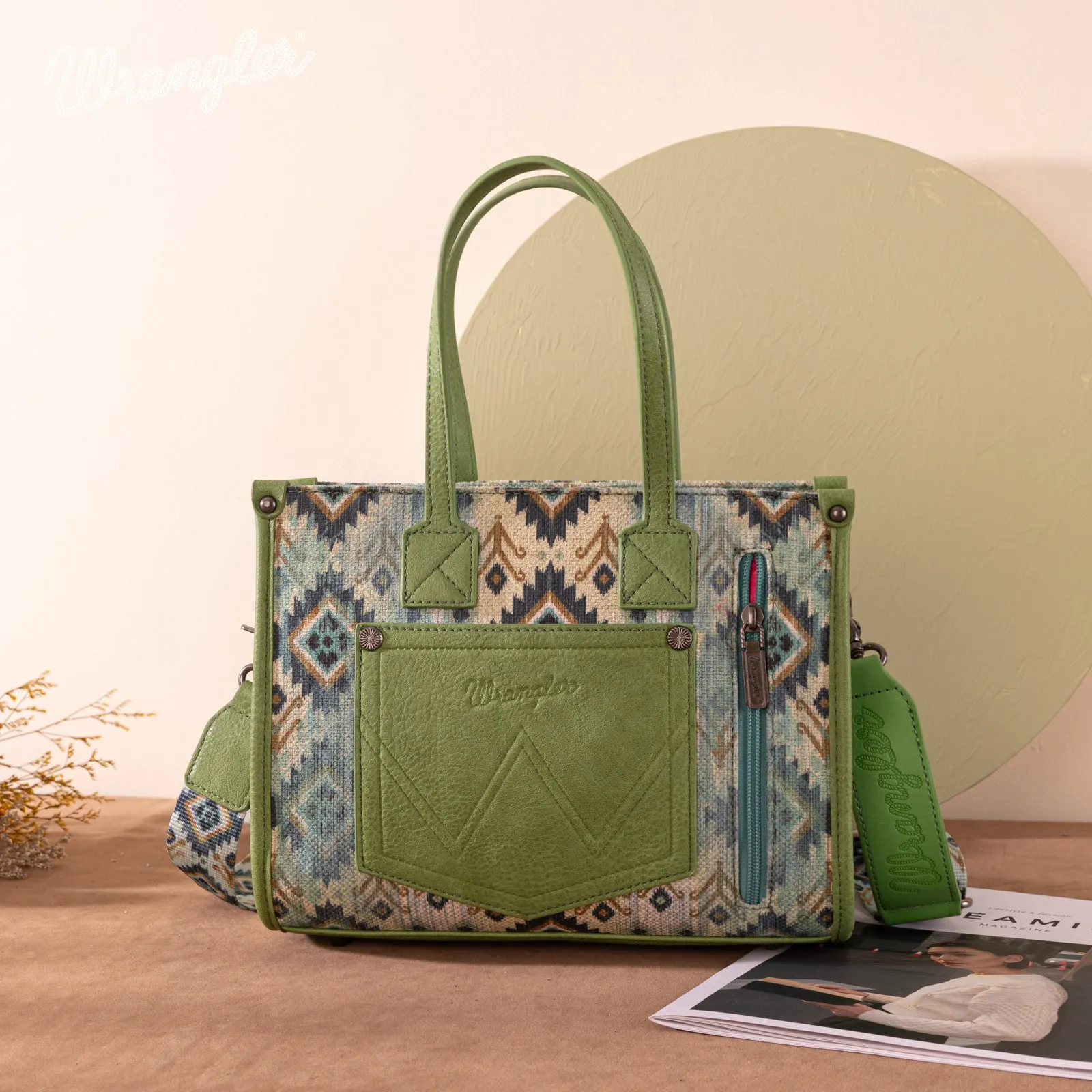 WG130-8120S   Wrangler Southwestern Pattern Dual Sided Print Concealed Carry Tote//Crossbody - Green