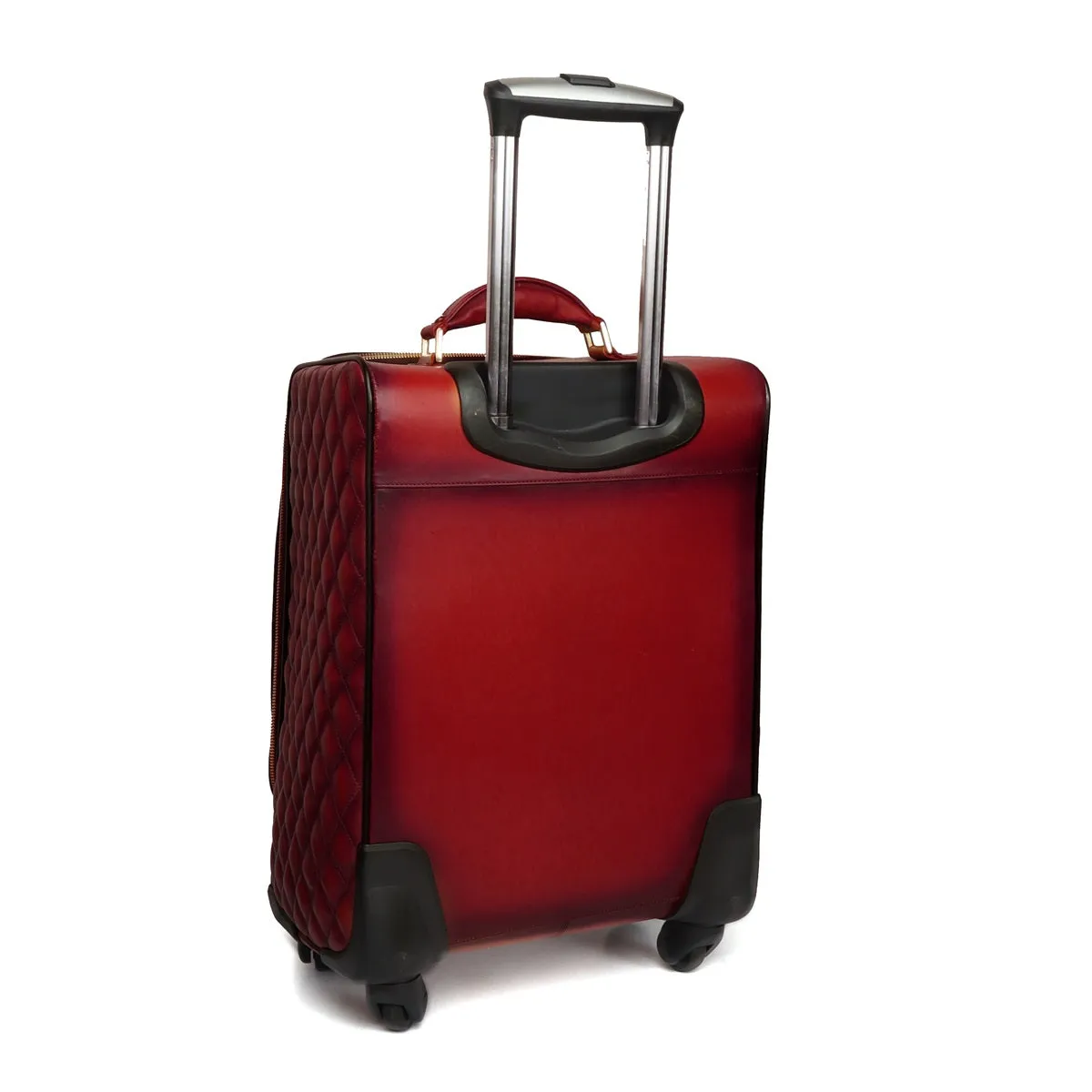 Wine Leather Diamond Stitched Quad Wheel Trolley Bag With Embossed Lion Logo by Brune & Bareskin