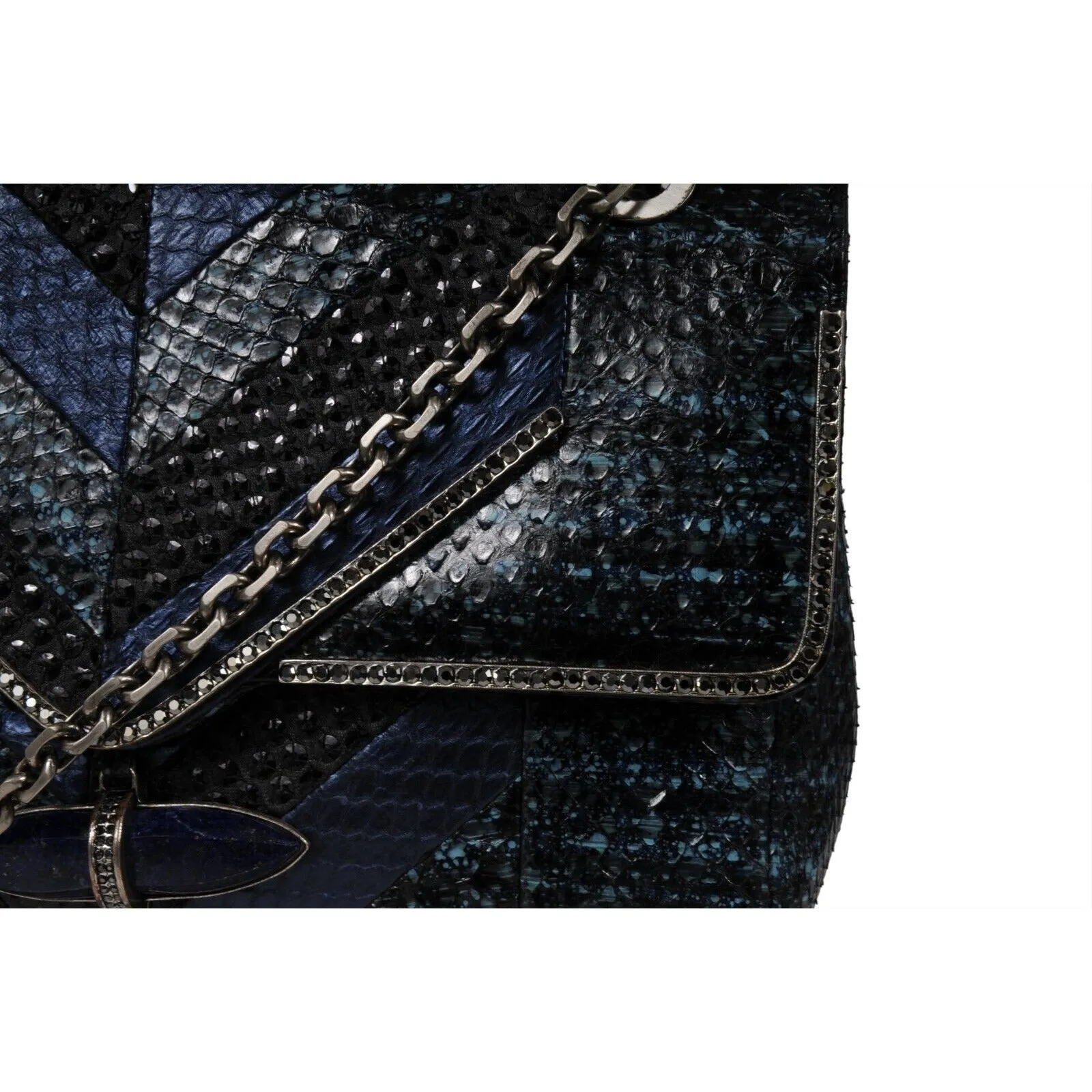 Zahara Patchwork Python Snake Shoulder Bag Lapis Chain Purse