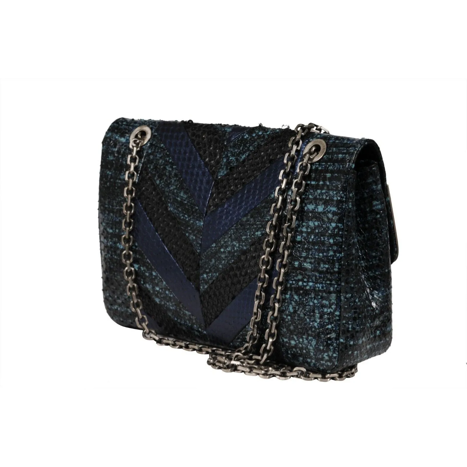 Zahara Patchwork Python Snake Shoulder Bag Lapis Chain Purse