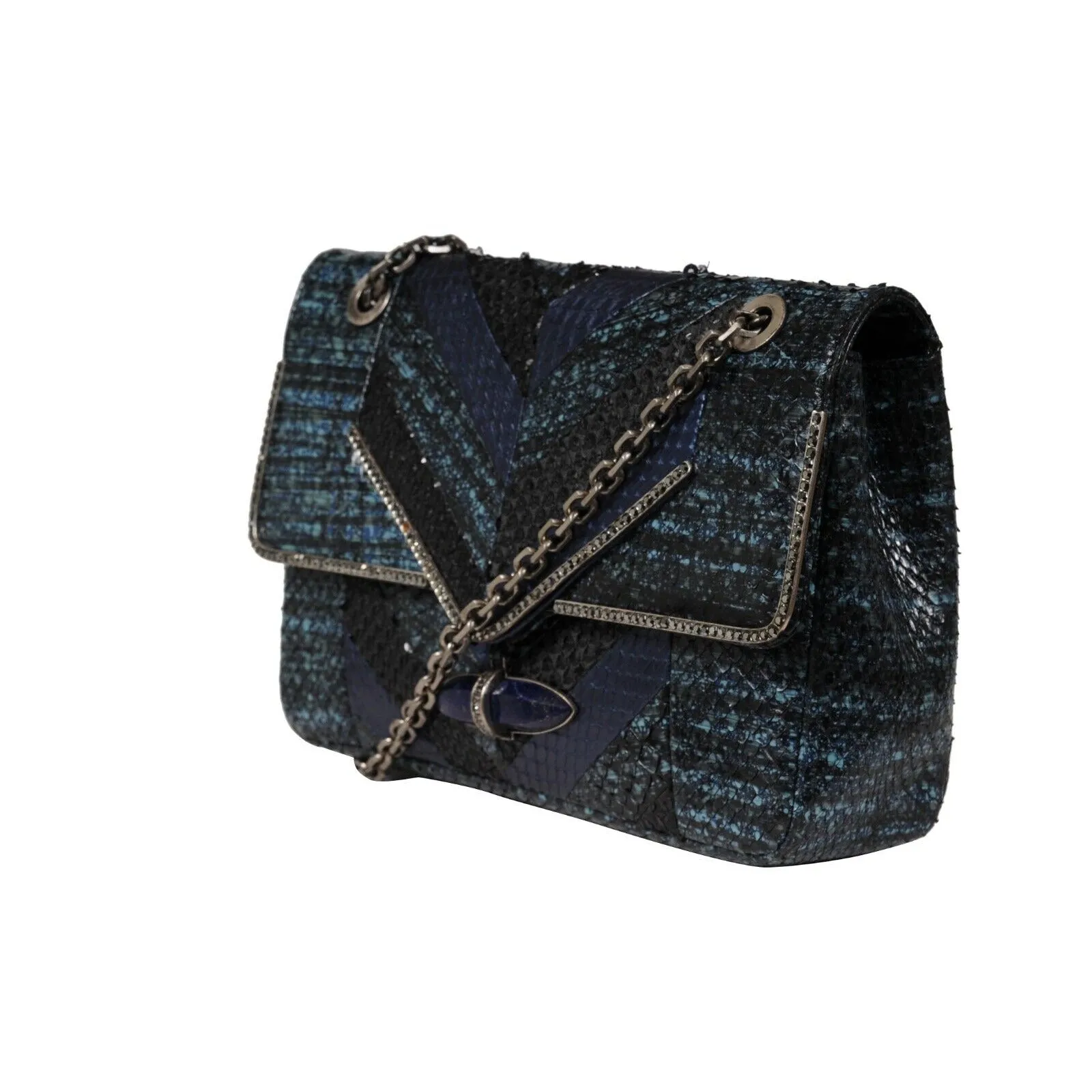 Zahara Patchwork Python Snake Shoulder Bag Lapis Chain Purse