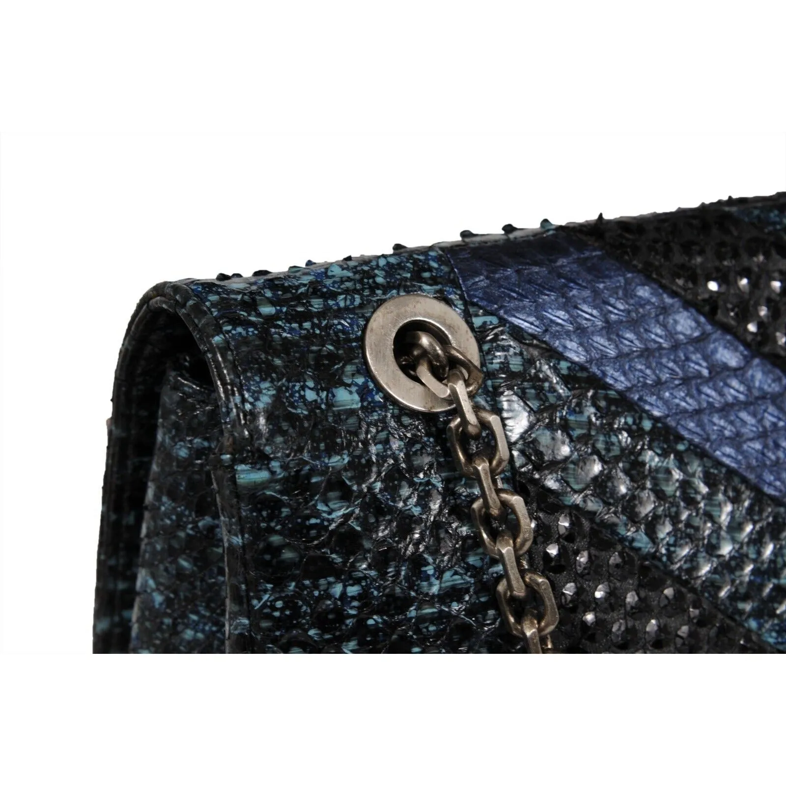 Zahara Patchwork Python Snake Shoulder Bag Lapis Chain Purse