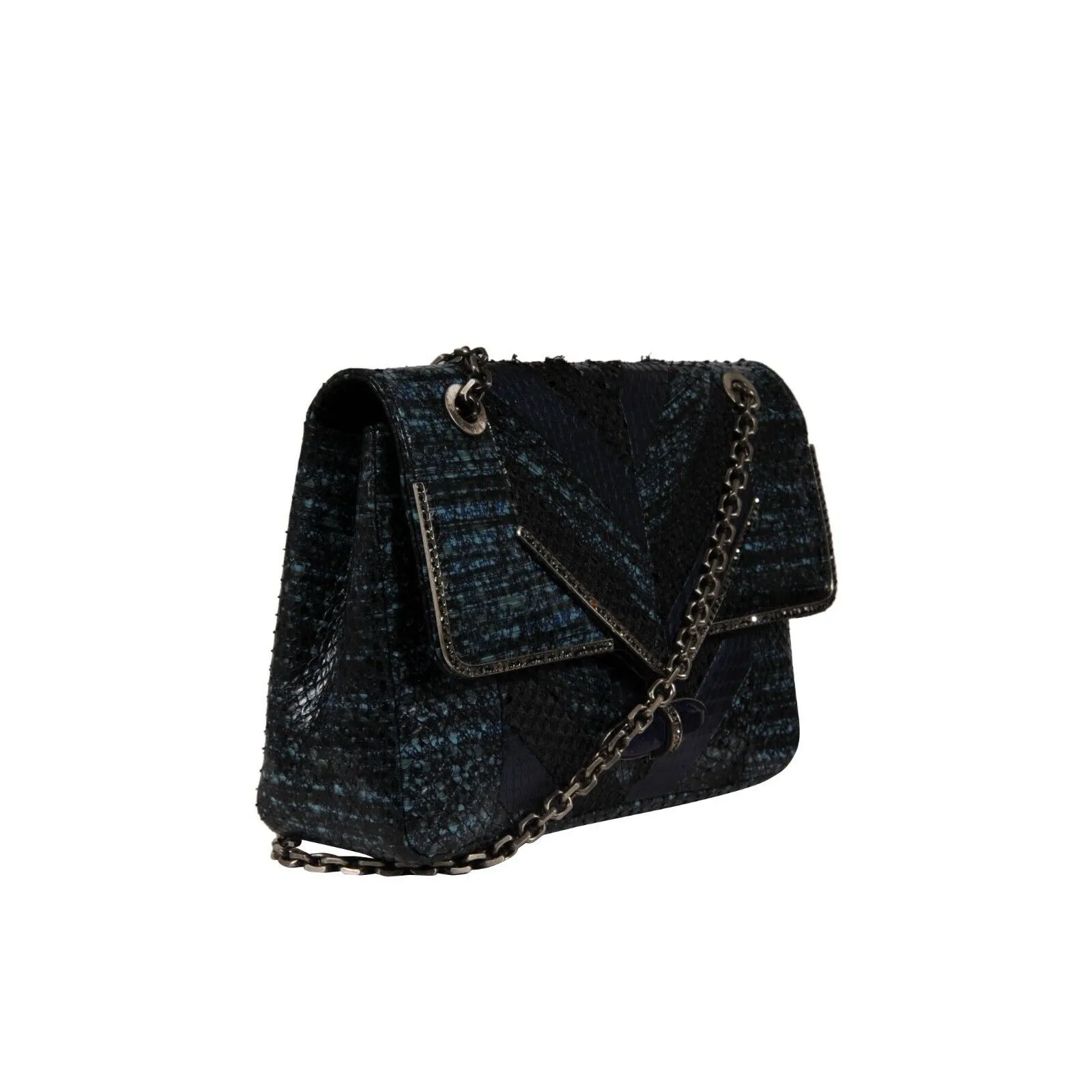 Zahara Patchwork Python Snake Shoulder Bag Lapis Chain Purse