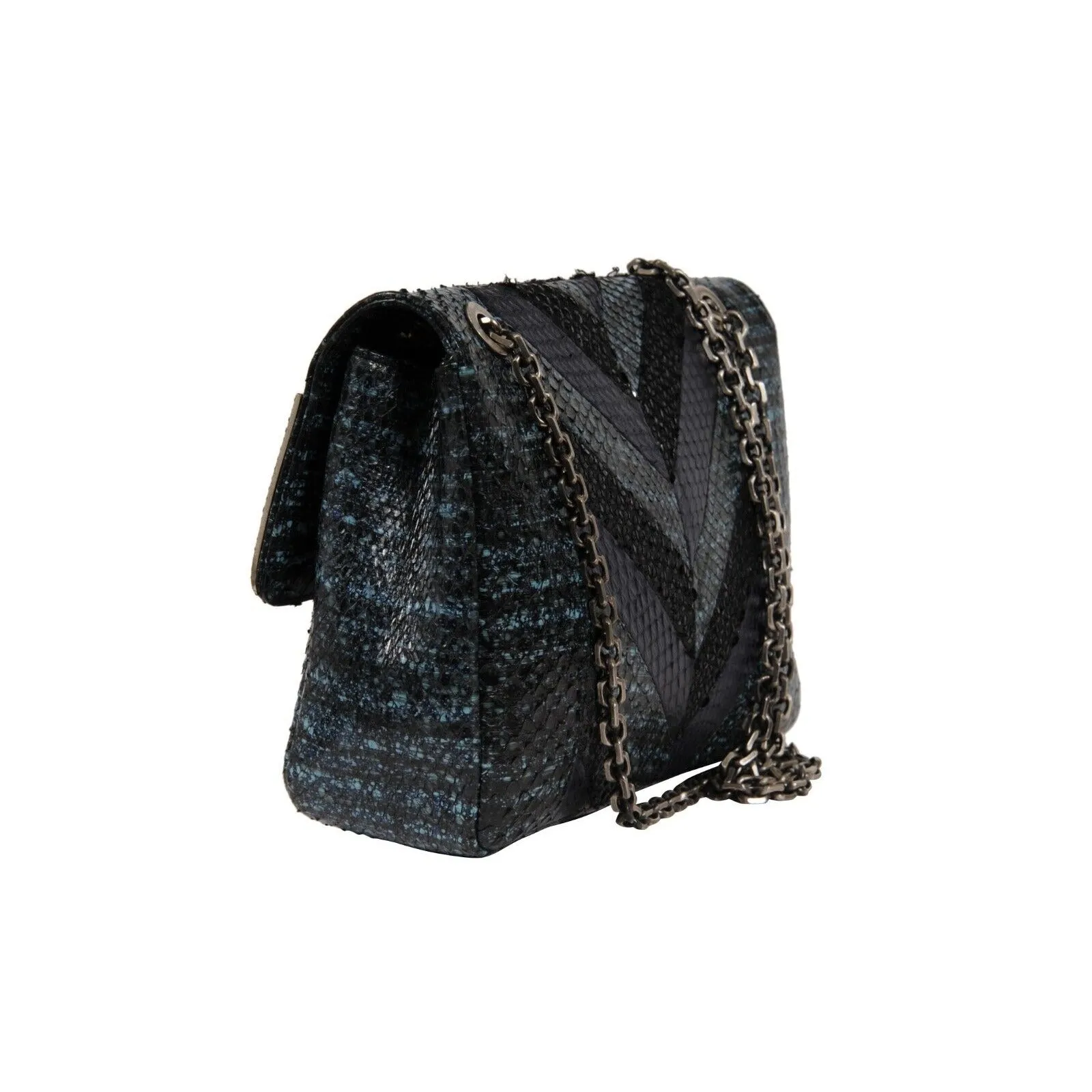 Zahara Patchwork Python Snake Shoulder Bag Lapis Chain Purse